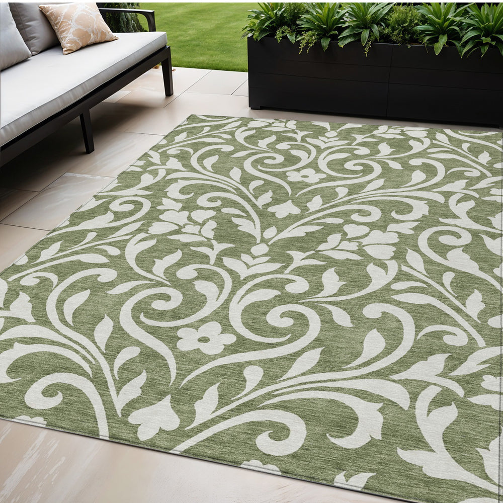 Homeroots 3' Artichoke Green Floral Indoor Outdoor Area Rug - Stylish, Washable, Stain Resistant, Durable Design 5' X 8' Polyester 591430