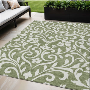 Homeroots 3' Artichoke Green Floral Indoor Outdoor Area Rug - Stylish, Washable, Stain Resistant, Durable Design 5' X 8' Polyester 591430