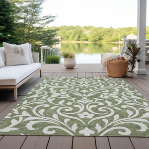 Homeroots 3' Artichoke Green Floral Indoor Outdoor Area Rug - Stylish, Washable, Stain Resistant, Durable Design 5' X 8' Polyester 591430