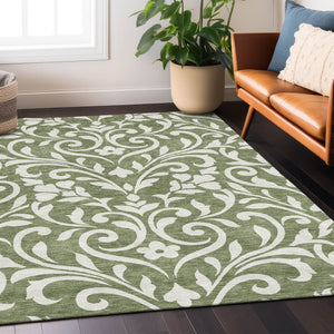 Homeroots 3' Artichoke Green Floral Indoor Outdoor Area Rug - Stylish, Washable, Stain Resistant, Durable Design 5' X 8' Polyester 591430