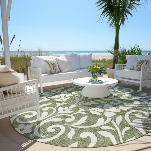 Homeroots 3' Artichoke Green Floral Indoor Outdoor Area Rug - Stylish, Washable, Stain Resistant, Durable Design 8' Round Polyester 591431