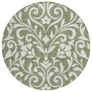 HomeRoots 5' Fern Green and Ivory Floral Area Rug - Durable, Washable Indoor/Outdoor Design for Any Space 8' Round 591431