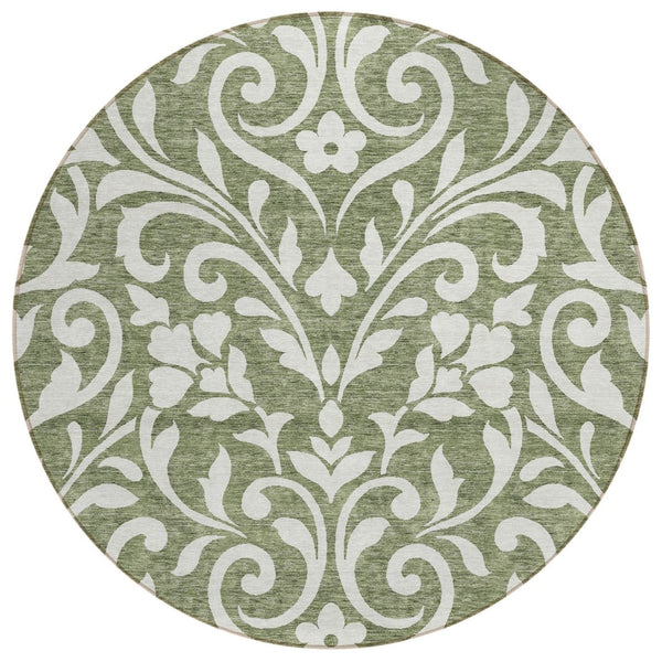 HomeRoots 5' Fern Green and Ivory Floral Area Rug - Durable, Washable Indoor/Outdoor Design for Any Space 8' Round 591431
