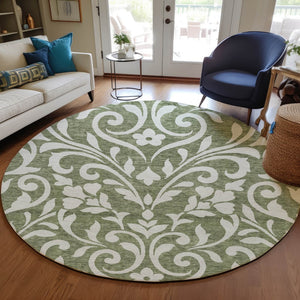 Homeroots 3' Artichoke Green Floral Indoor Outdoor Area Rug - Stylish, Washable, Stain Resistant, Durable Design 8' Round Polyester 591431