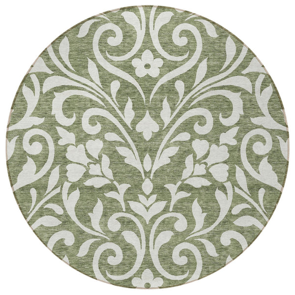 Homeroots 3' Artichoke Green Floral Indoor Outdoor Area Rug - Stylish, Washable, Stain Resistant, Durable Design 8' Round Polyester 591431
