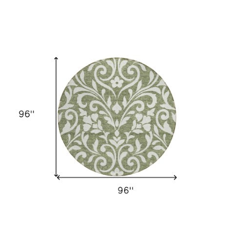 Homeroots 3' Artichoke Green Floral Indoor Outdoor Area Rug - Stylish, Washable, Stain Resistant, Durable Design 8' Round Polyester 591431