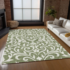 Homeroots 3' Artichoke Green Floral Indoor Outdoor Area Rug - Stylish, Washable, Stain Resistant, Durable Design 8' X 10' Polyester 591432