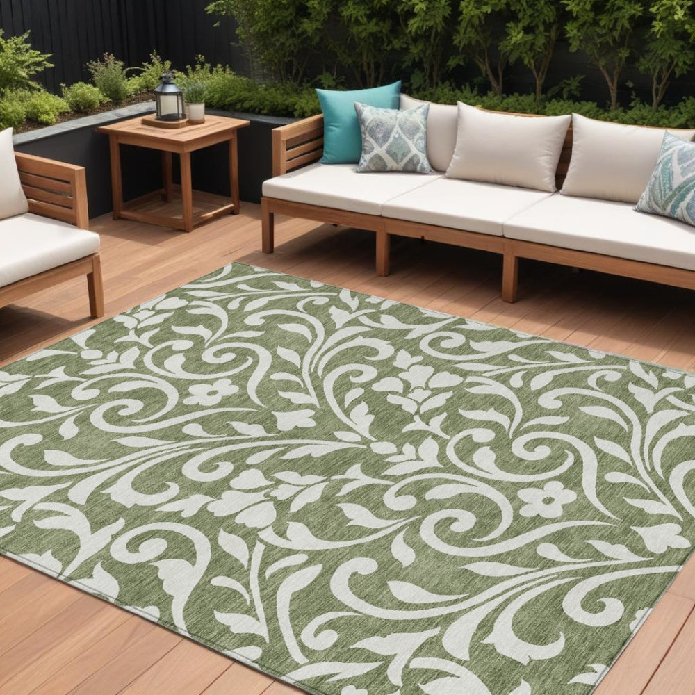 HomeRoots 9' Elegant Fern Green and Ivory Floral Area Rug – Stylish, Washable, Durable for Indoor & Outdoor Use 9' X 12' 591433