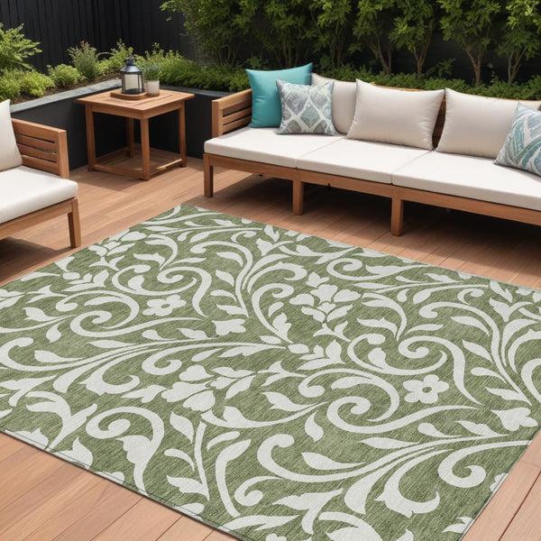 Homeroots 3' Artichoke Green Floral Indoor Outdoor Area Rug - Stylish, Washable, Stain Resistant, Durable Design 10' X 14' Polyester 591434