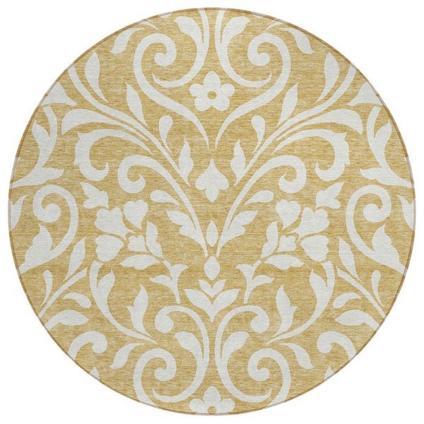 HomeRoots 5' Elegant Gold and Beige Floral Area Rug – Durable, Washable Design for Indoor and Outdoor Use 8' Round 591437