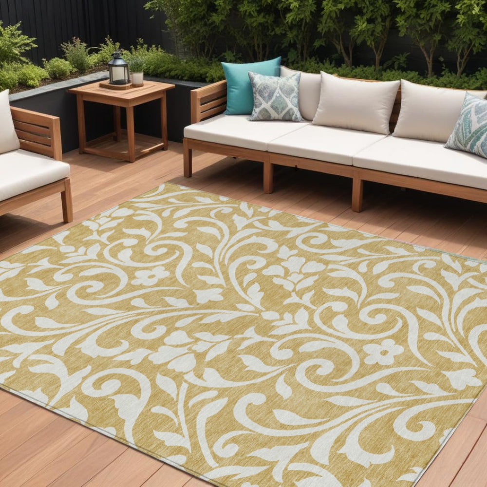 HomeRoots 9' Gold and Beige Floral Area Rug - Elegant, Washable Design for Indoor and Outdoor Spaces, Durable Quality 9' X 12' 591439