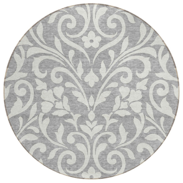 HomeRoots 5' Elegant Gray and Ivory Floral Washable Area Rug for Indoor and Outdoor Stylish Spaces 8' Round 591443