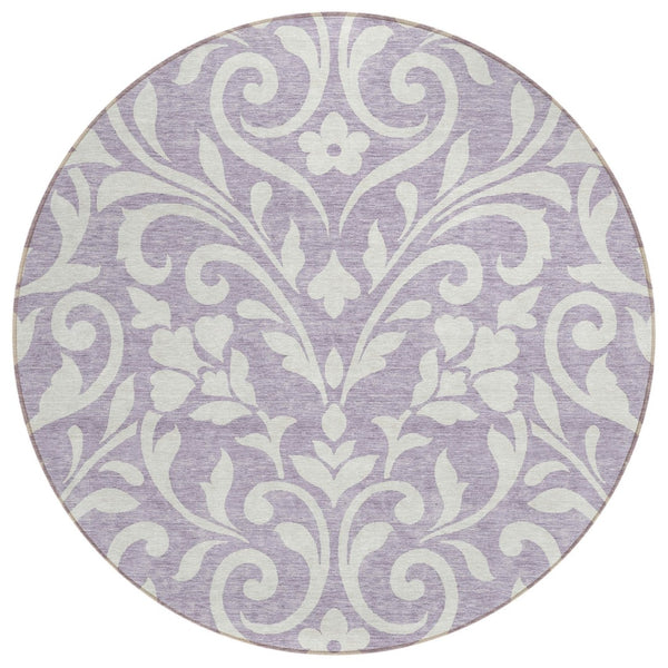 HomeRoots 5' Stylish Lavender and Ivory Floral Area Rug - Durable, Washable, Perfect for Indoor/Outdoor Spaces 8' Round 591455