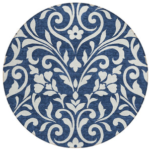 HomeRoots 5' Timeless Navy Blue and Ivory Floral Washable Area Rug for Stylish Indoor and Outdoor Spaces 8' Round 591461