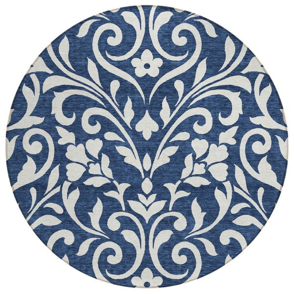 HomeRoots 5' Timeless Navy Blue and Ivory Floral Washable Area Rug for Stylish Indoor and Outdoor Spaces 8' Round 591461