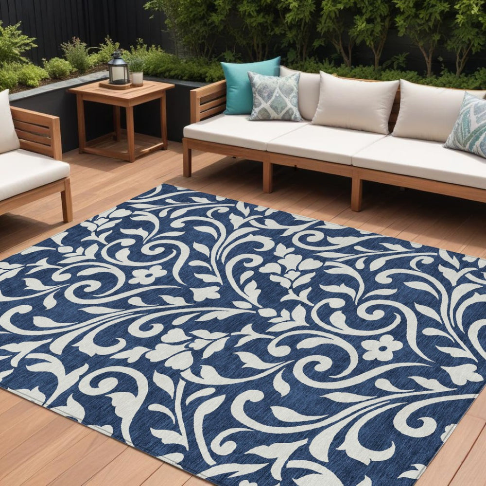 HomeRoots 9' Navy Blue and Ivory Floral Washable Area Rug for Indoor and Outdoor Use - Durable and Stylish 9' X 12' 591463