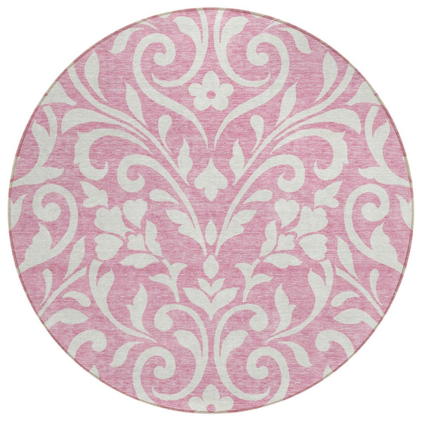 HomeRoots 5' Floral Charm Pink and Ivory Washable Area Rug for Indoor and Outdoor Spaces - Durable, Stylish, Easy Care 8' Round 591467