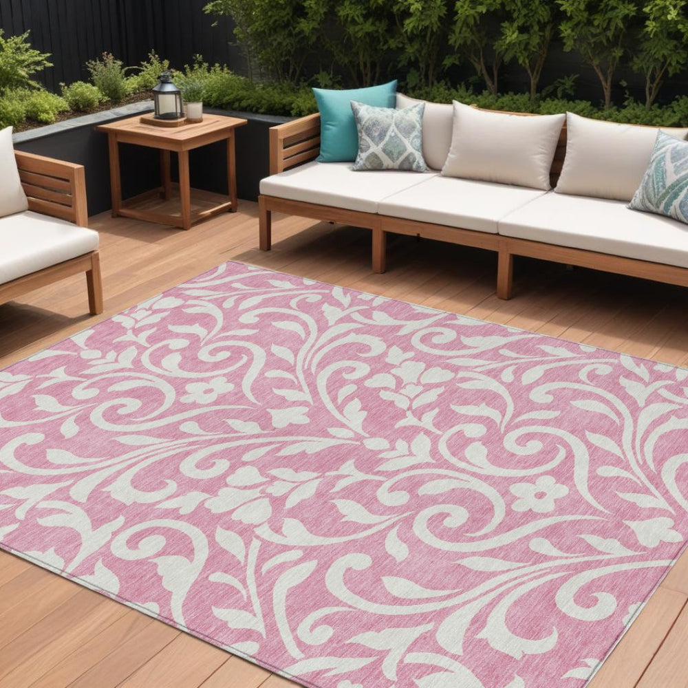 HomeRoots 5' Floral Charm Pink and Ivory Washable Area Rug for Indoor and Outdoor Spaces - Durable, Stylish, Easy Care 10' X 14' 591470