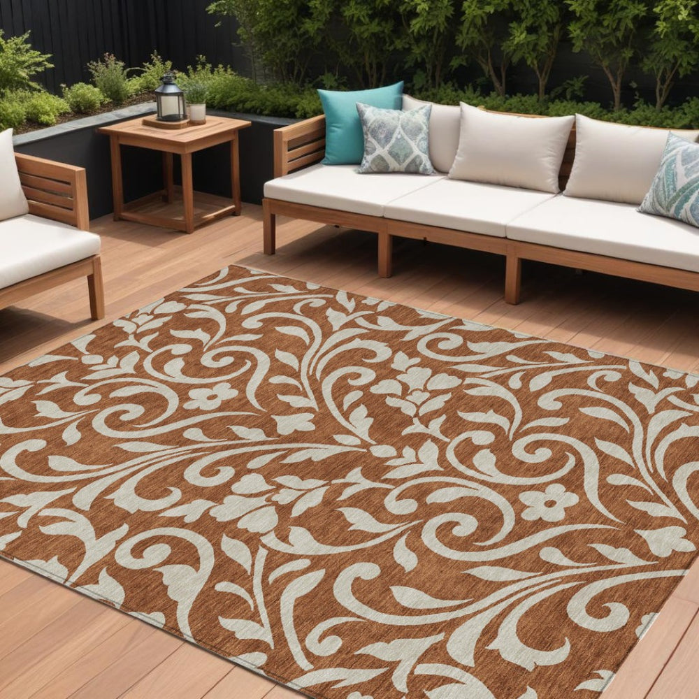 HomeRoots 9' Brown and Beige Floral Area Rug - Durable, Washable Design for Indoor and Outdoor Spaces 9' X 12' 591475