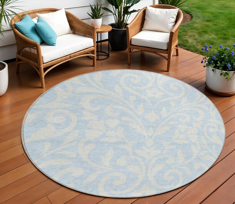 HomeRoots 5' Sky Blue and Ivory Floral Area Rug - Washable, Durable Design for Indoor and Outdoor Spaces 8' Round 591479
