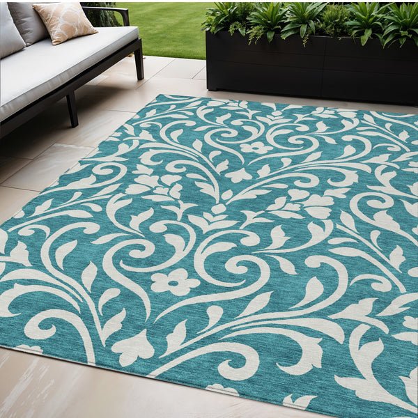 Homeroots 3' Artichoke Green Floral Indoor Outdoor Area Rug - Stylish, Washable, Stain Resistant, Durable Design 5' X 8' Polyester 591490