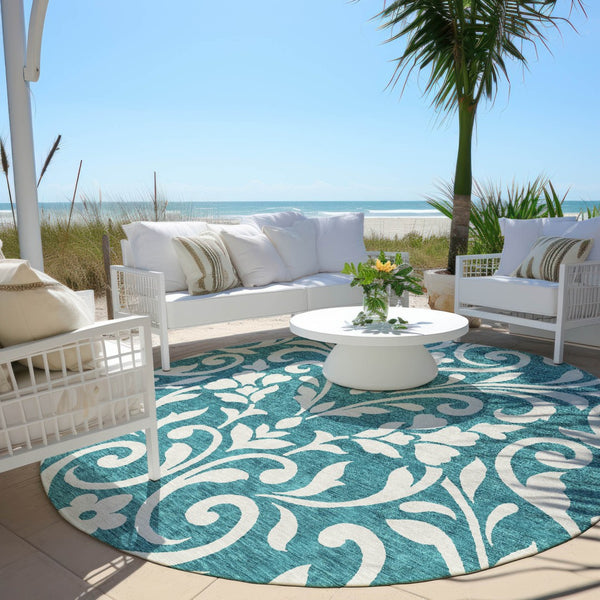 Homeroots 3' Artichoke Green Floral Indoor Outdoor Area Rug - Stylish, Washable, Stain Resistant, Durable Design 8' Round Polyester 591491