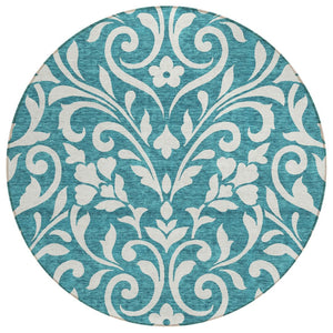 HomeRoots 5' Indoor Outdoor Teal Blue Floral Area Rug - Durable, Washable, Perfect for Homes & Patios 8' Round 591491