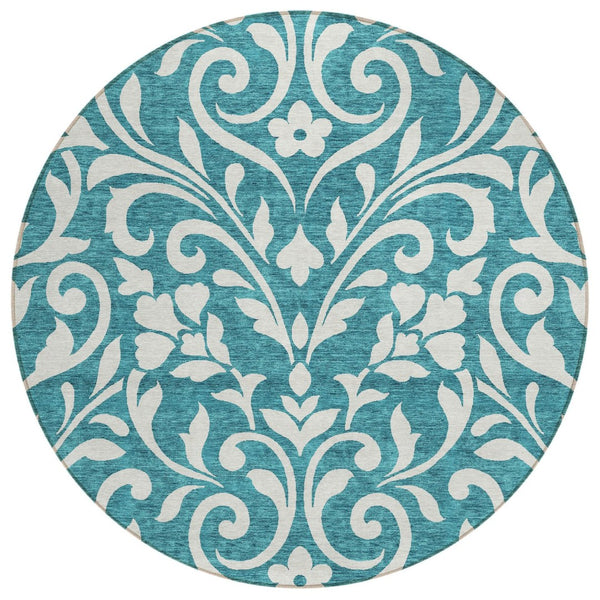 HomeRoots 5' Indoor Outdoor Teal Blue Floral Area Rug - Durable, Washable, Perfect for Homes & Patios 8' Round 591491