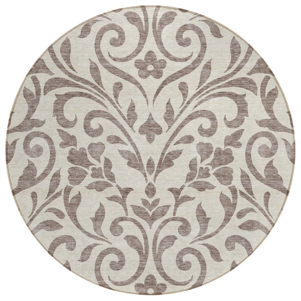 HomeRoots 5' Durable Floral Indoor Outdoor Area Rug in Taupe and Ivory for Elegant, Low-Maintenance Living Spaces 8' Round 591497