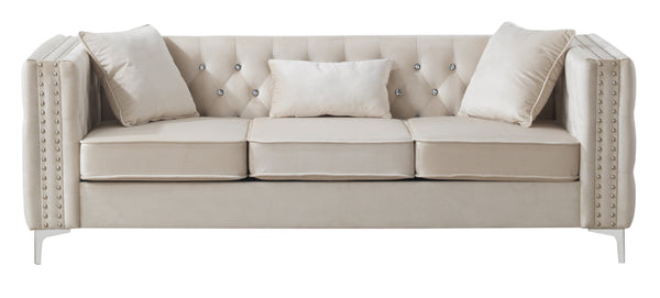 English Elm Paige Velvet Tufted Sofa with Faux Diamond Buttons — Modern Plush Seating, Stylish Comfort for Living Rooms Ivory 33.5 L x 25.2 W x 21.3 H B078S00091