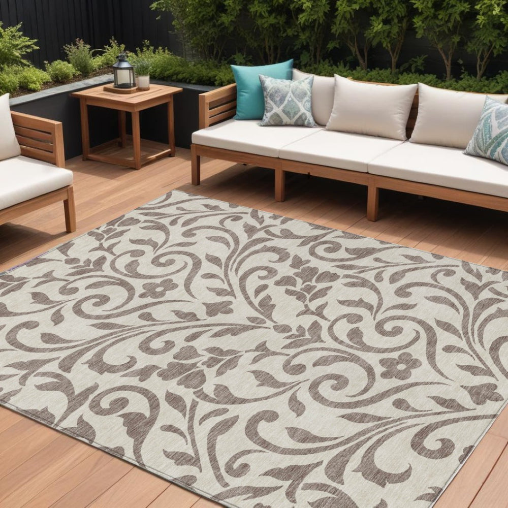 HomeRoots 5' Durable Floral Indoor Outdoor Area Rug in Taupe and Ivory for Elegant, Low-Maintenance Living Spaces 10' X 14' 591500