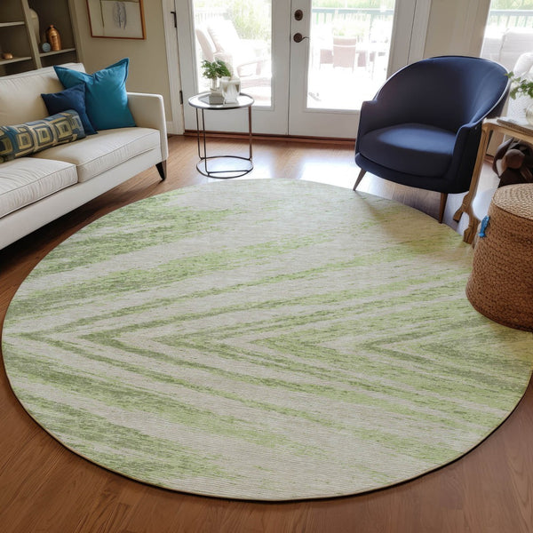 Homeroots 3' Artichoke Green And Gray Abstract Washable Area Rug For Indoor And Outdoor Spaces, Durable Design 8' Round Polyester 591503