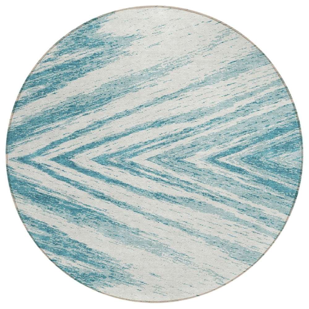 HomeRoots 5' Teal Blue and Ivory Abstract Area Rug – Washable, Stylish, Durable for Indoor and Outdoor Use 8' Round 591575