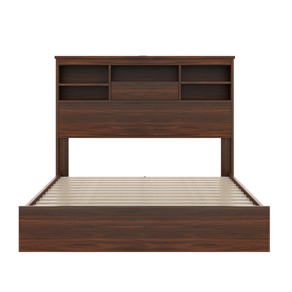 English Elm 4PCS Queen Bedroom Set with Storage Headboard & Built‑In Charging Station, 2 Nightstands, Dresser Walnut 54.25 L x 18.75 W x 9.25 H N733S307937W