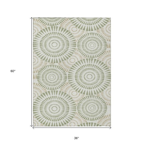 Homeroots 3' Artichoke Green Brown Beige Geometric Washable Indoor Outdoor Area Rug For Stylish Spaces 3' X 5' Polyester 591579