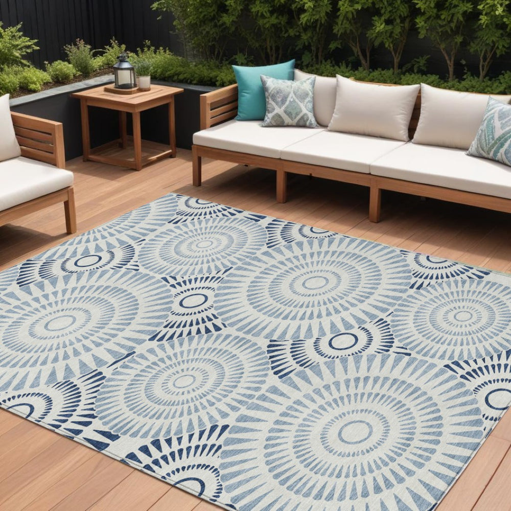 HomeRoots 9' Blue and Ivory Geometric Area Rug - Durable, Washable, and Perfect for Indoor or Outdoor Use! 9' X 12' 591601