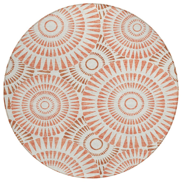HomeRoots 5' Coral and Ivory Geometric Area Rug – Stylish, Washable, Durable for Indoor & Outdoor Spaces 8' Round 591605