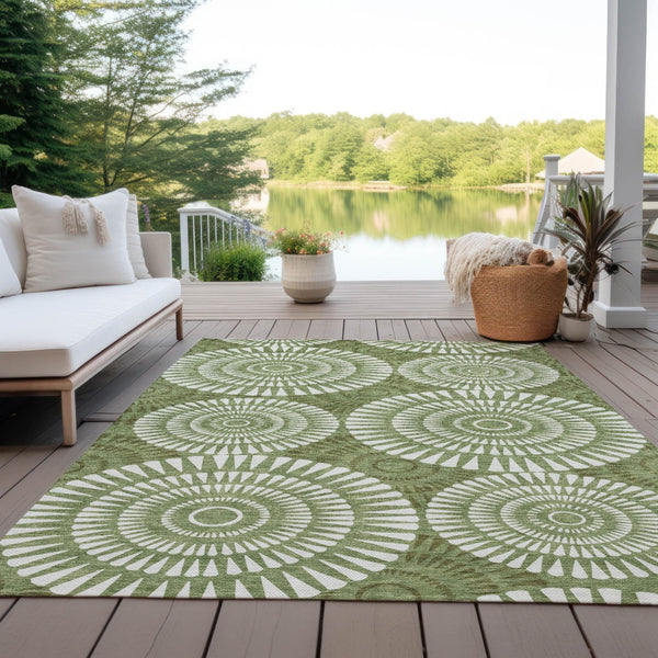 Homeroots 3' Artichoke Green Brown Beige Geometric Washable Indoor Outdoor Area Rug For Stylish Spaces 8' X 10' Polyester 591612