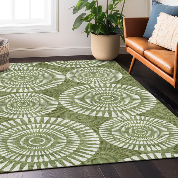 Homeroots 3' Artichoke Green Brown Beige Geometric Washable Indoor Outdoor Area Rug For Stylish Spaces 10' X 14' Polyester 591614
