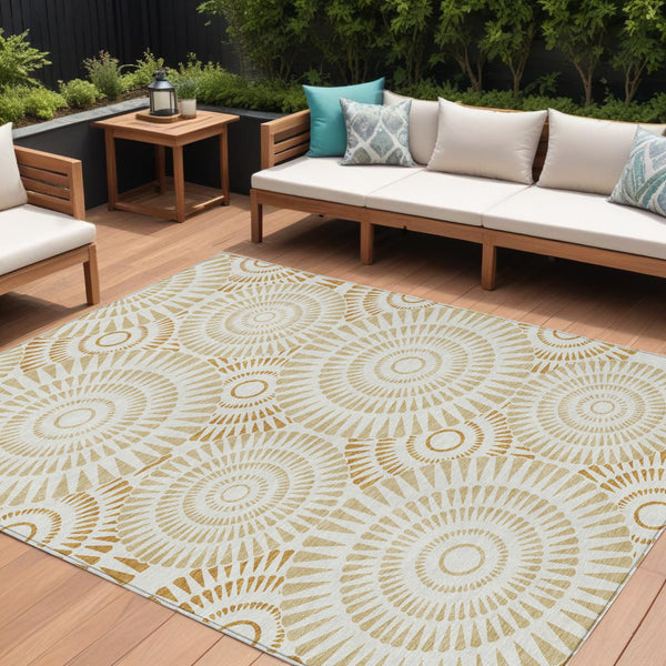 Homeroots 3' Artichoke Green Brown Beige Geometric Washable Indoor Outdoor Area Rug For Stylish Spaces 9' X 12' Polyester 591619