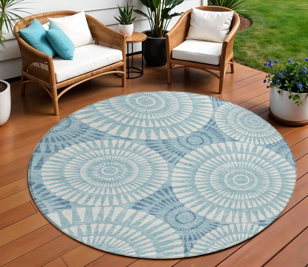HomeRoots 5' Modern Teal Blue and Ivory Geometric Area Rug - Durable, Washable, Stylish for Indoor/Outdoor Use 8' Round 591647