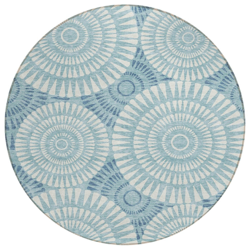 HomeRoots 5' Modern Teal Blue and Ivory Geometric Area Rug - Durable, Washable, Stylish for Indoor/Outdoor Use 8' Round 591647
