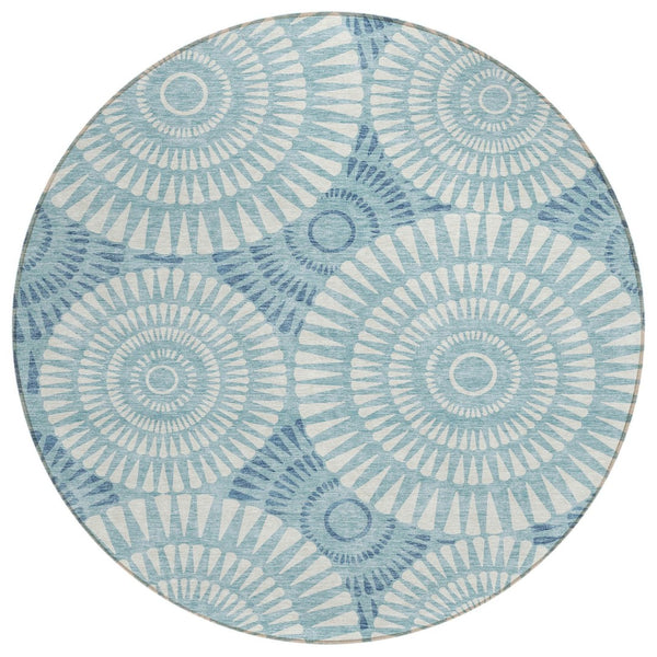 HomeRoots 5' Modern Teal Blue and Ivory Geometric Area Rug - Durable, Washable, Stylish for Indoor/Outdoor Use 8' Round 591647