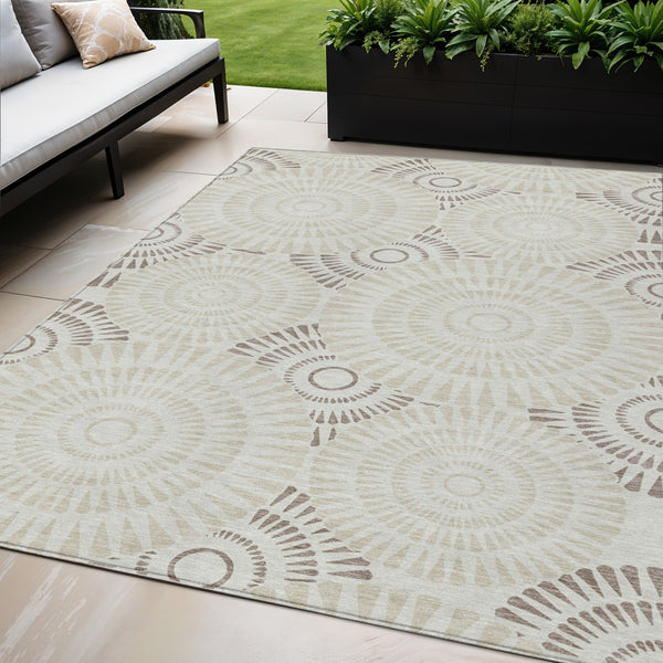 Homeroots 3' Artichoke Green Brown Beige Geometric Washable Indoor Outdoor Area Rug For Stylish Spaces 5' X 8' Polyester 591652
