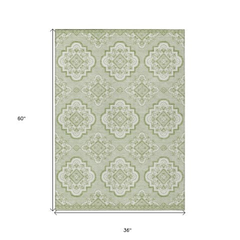 Homeroots 3' Medallion Area Rug In Artichoke Green And Ivory - Stylish, Washable For Indoor And Outdoor Use 3' X 5' Polyester 591663