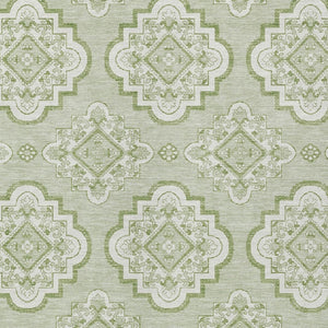 Homeroots 3' Medallion Area Rug In Artichoke Green And Ivory - Stylish, Washable For Indoor And Outdoor Use 5' X 8' Polyester 591664