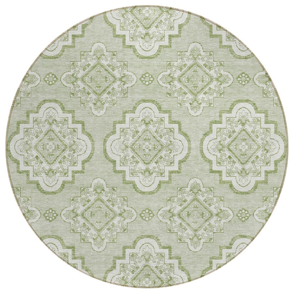 HomeRoots 5' Artichoke Green and Ivory Medallion Area Rug - Durable, Washable, Timeless Style for Indoor & Outdoor Spaces 8' Round 591665