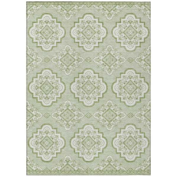 HomeRoots 5' Artichoke Green and Ivory Medallion Area Rug - Durable, Washable, Timeless Style for Indoor & Outdoor Spaces 8' X 10' 591666