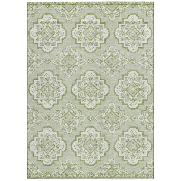 Homeroots 3' Medallion Area Rug In Artichoke Green And Ivory - Stylish, Washable For Indoor And Outdoor Use 8' X 10' Polyester 591666
