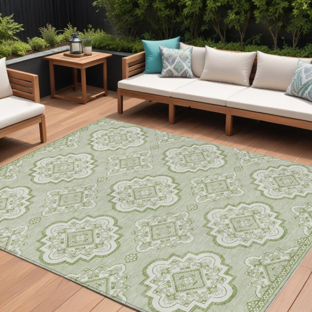 HomeRoots 9' Artichoke Green and Ivory Medallion Area Rug – Stylish, Washable, Durable for Indoor and Outdoor Use 9' X 12' 591667
